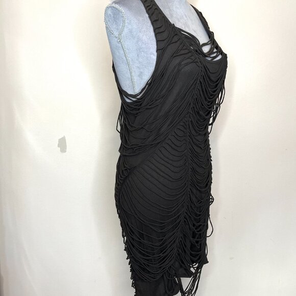 Allsaints Strappy Mummy Dress Black Size 12 Medium Cotton Fringe Tattered Gothic - Picture 6 of 15
